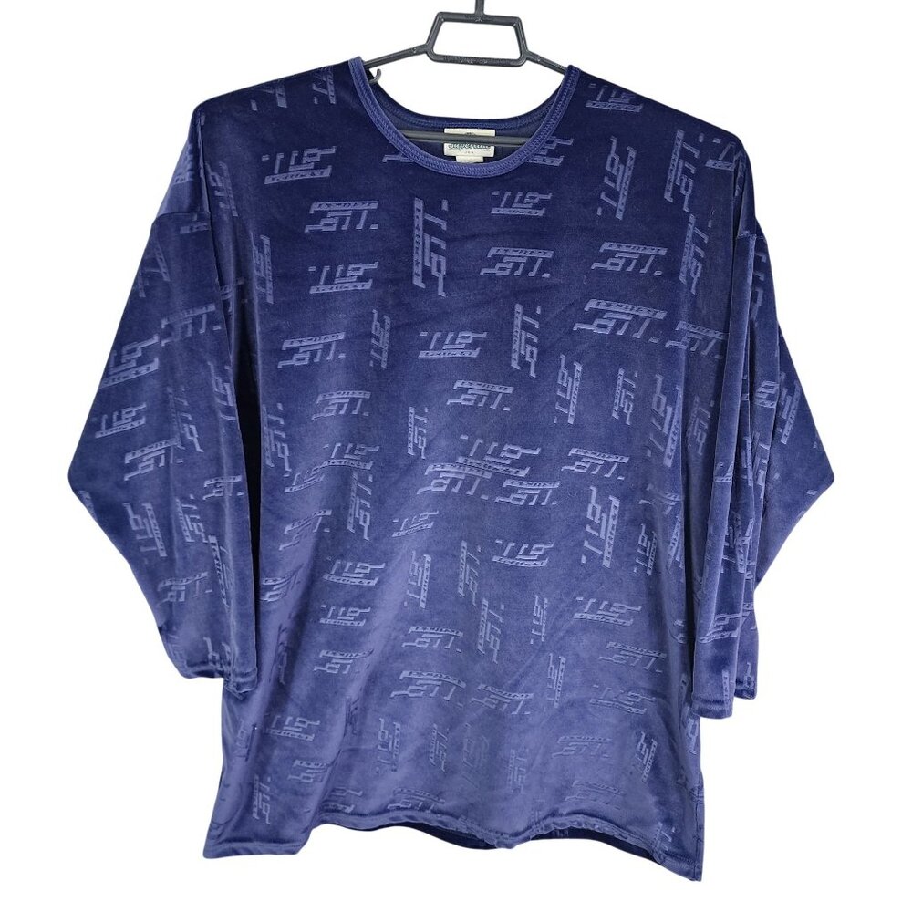 Womens Vintage Blue Superline Shirt Round Neck All over pattern 3/4 Sleeve XXL